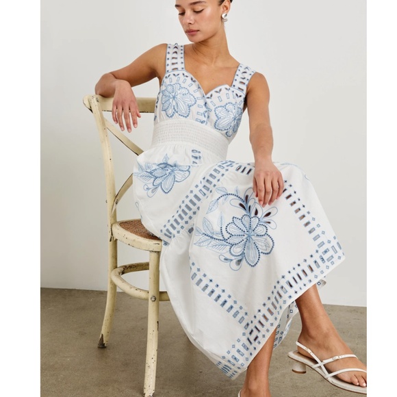 rails fawn embroidered midi dress Rails | Fawn Dress - White Blue Embroidery | Premium Cotton | Size XXS main image 0